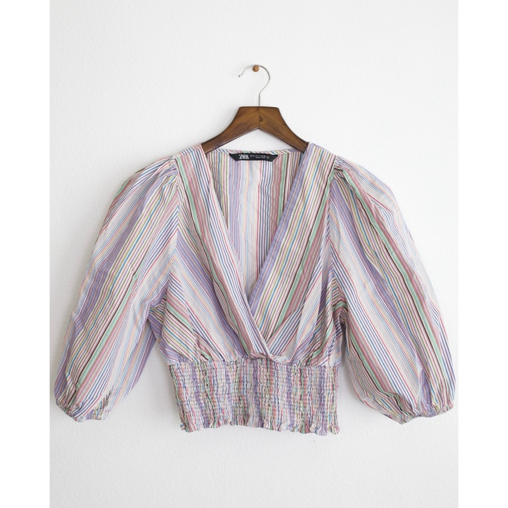 Zara Rainbow Striped Puff Sleeve Crop Top
